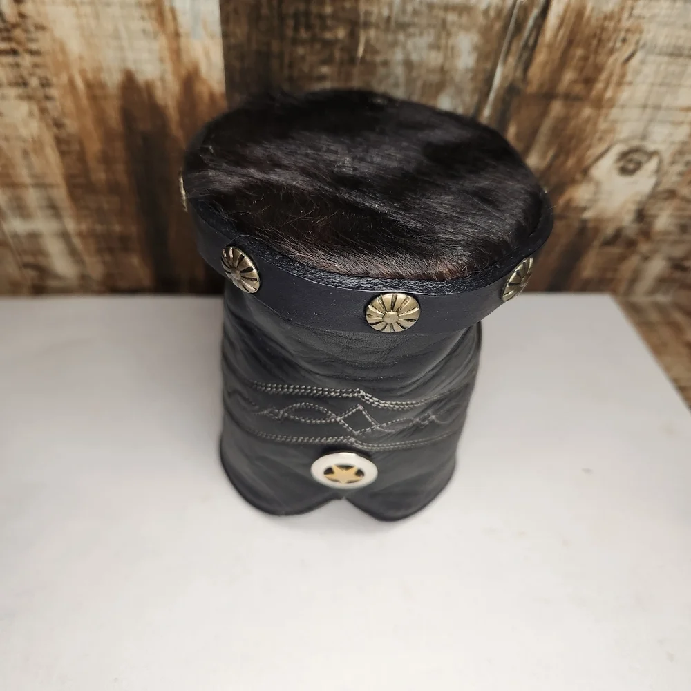 Vtg Leather Boot Cowhide Concho Western Beer Can Bottle Holder Koozie Set Pair - Picture 7 of 16